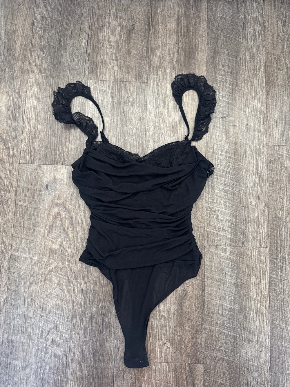 Lulu's Black Lace-Trim Ruched Bodysuit